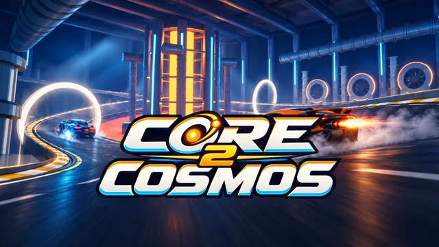 CORE 2 COSMOS — racing cars drift around the glowing reactor.