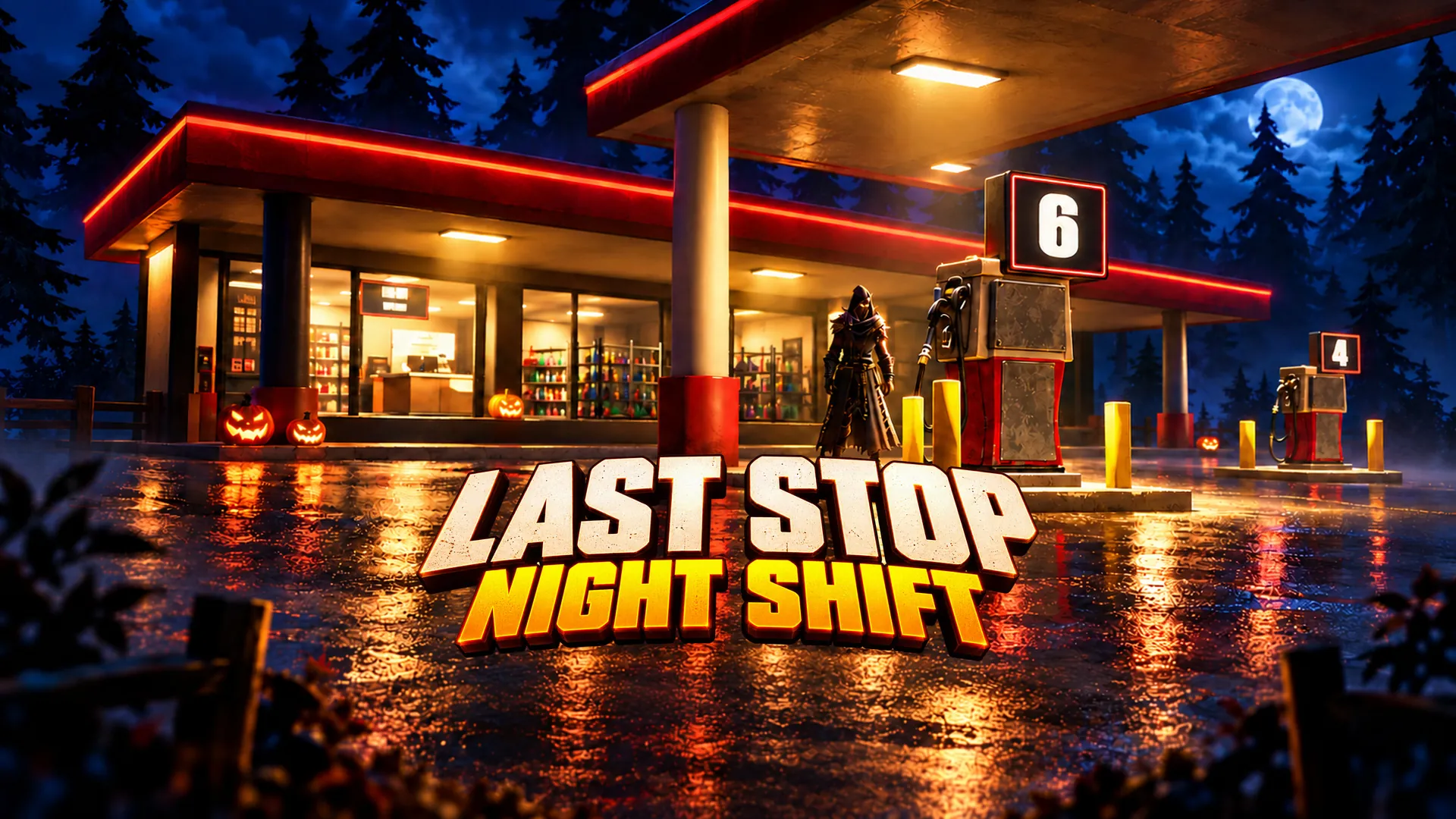 LAST STOP: NIGHT SHIFT &mdash; a figure waits beside pump six at a forest gas station.