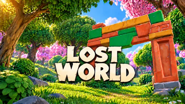 Lost World: a colourful stone gateway in a lush forest